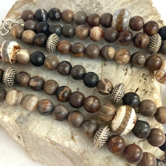 Sterling Silver 925 Tiered Brown Jasper Agate Layered 3 Strand Beaded Necklace - Picture 5 of 16